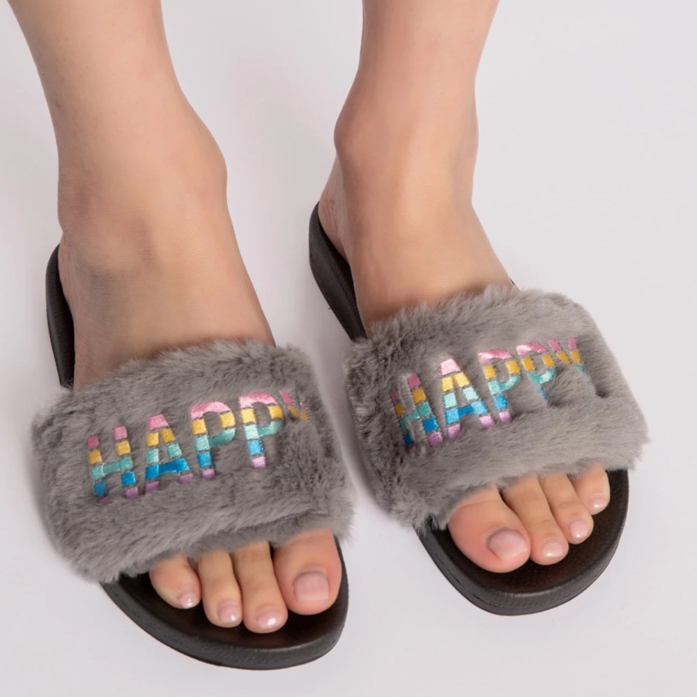 PJ Salvage Fuzzy Feet molded sole HAPPY slippers/multicolor embroidery - NWT